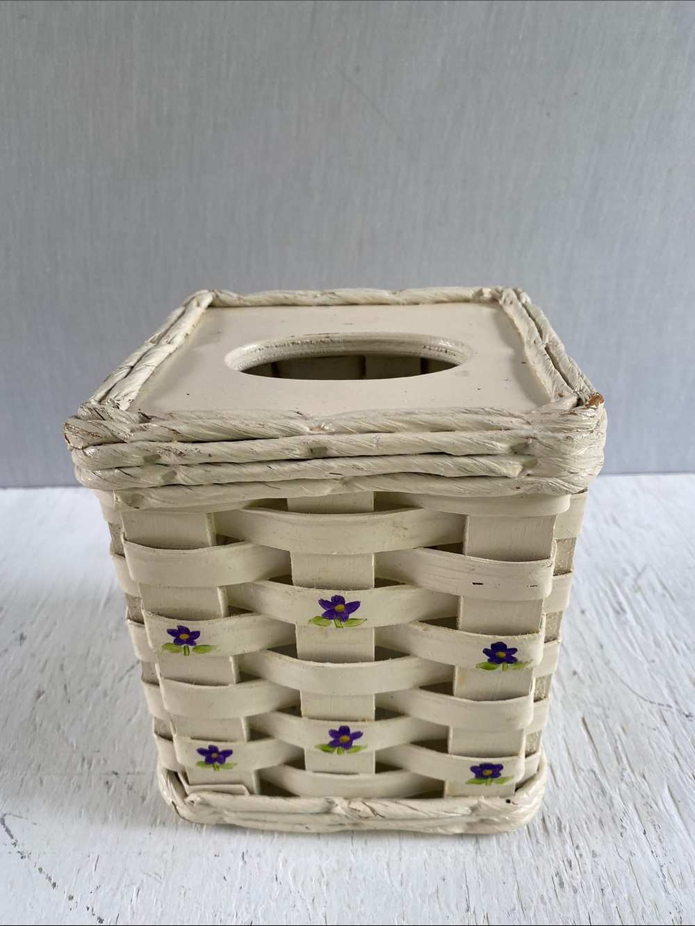 Vintage Cream Woven Tissue Box Cover with Purple Floral Accents